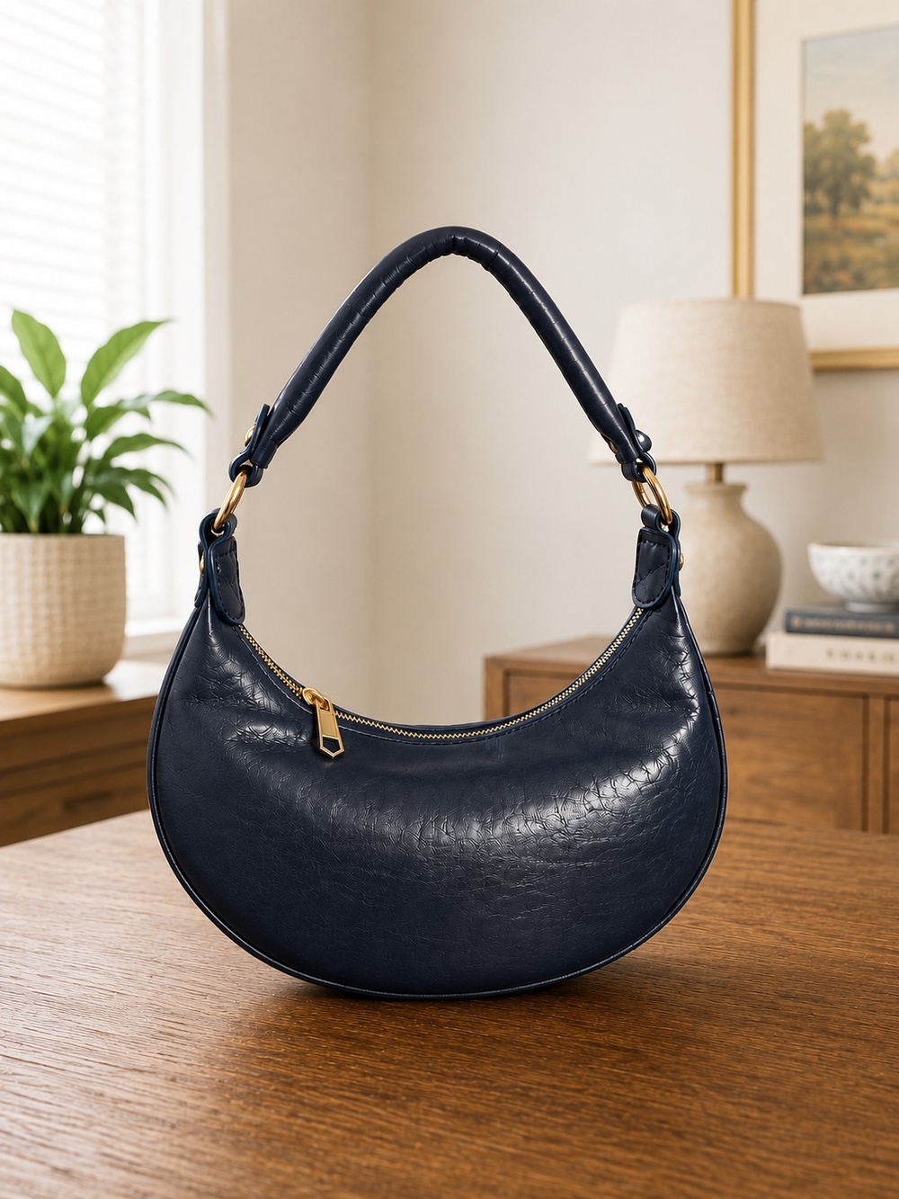 Isabelle Curved Crescent Shoulder Bag in Navy - Picture 2 of 5
